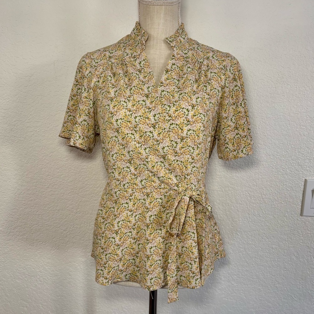 Monteau Floral Wrap Blouse - Cream and Yellow